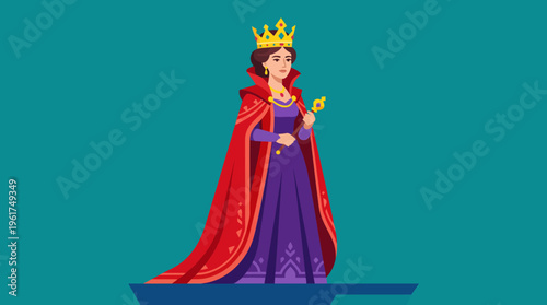 An elegant cartoon queen character wearing a golden crown, a royal purple gown, and a flowing red cape, holding a scepter, standing on a platform against a teal background.