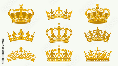 A collection of nine ornate golden crowns and tiaras, showcasing various royal and regal designs, isolated on a light background.