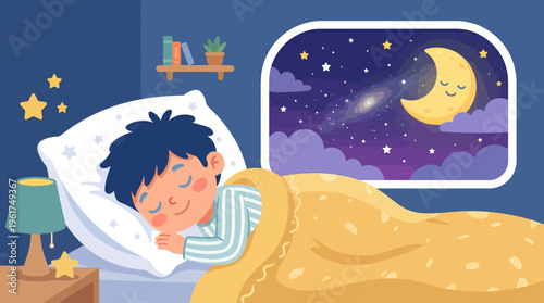 A peaceful illustration of a young boy sleeping soundly in his bed at night, with a starry sky and a smiling crescent moon visible through the window.
