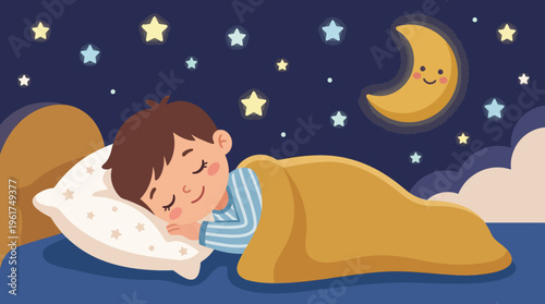 A cartoon illustration of a young boy sleeping peacefully in his bed at night under a golden blanket with a smiling moon and stars in the dark blue sky.