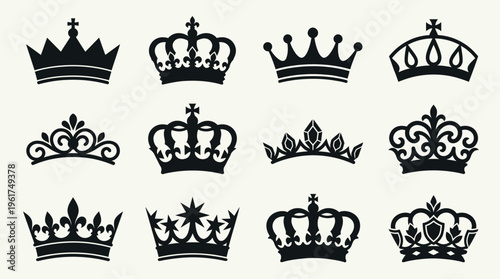 A collection of twelve distinct black silhouette crown designs, showcasing various royal and elegant headwear styles.