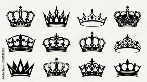 A collection of twelve distinct black silhouette crown designs, showcasing various royal and regal headwear styles with intricate details and elegant shapes.
