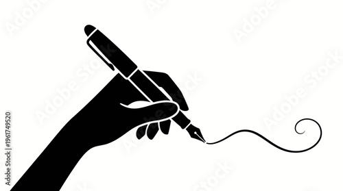 Silhouette of a hand holding a fountain pen, drawing an elegant swirling line on a white background.