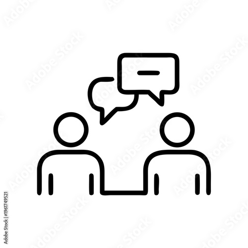 Conversation icon with two people silhouettes and speech bubbles communicating, outline drawing