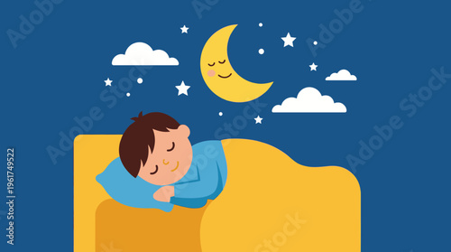A cartoon illustration of a young boy sleeping soundly in his bed at night, with a smiling moon, stars, and clouds above him.