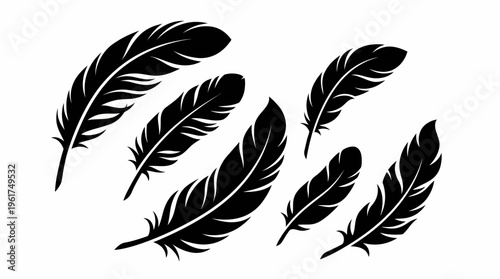 Vector illustration of multiple black bird feathers of varying sizes and orientations on a clean white background, ideal for design elements.