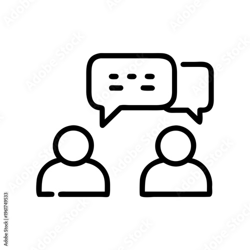 Discussion icon with two people silhouettes and multiple speech bubbles, outline drawing