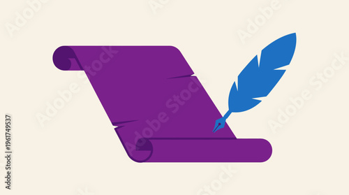 A vibrant purple scroll unfurling with a blue quill pen resting on its surface, depicted in a flat graphic style.