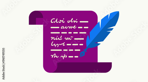 Purple scroll with stylized text and a blue feather quill for writing.