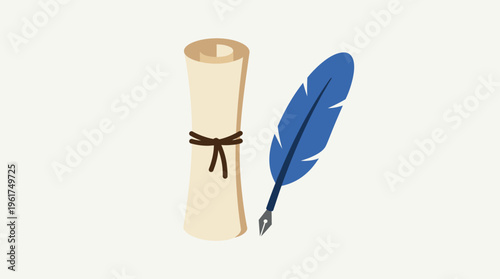 An illustration featuring a vintage rolled parchment scroll tied with a brown string next to a blue feather quill pen with a metallic nib, set against a light background.