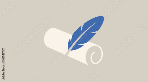 A blue feather quill pen resting on a rolled-up white parchment scroll, symbolizing writing, history, and literature.