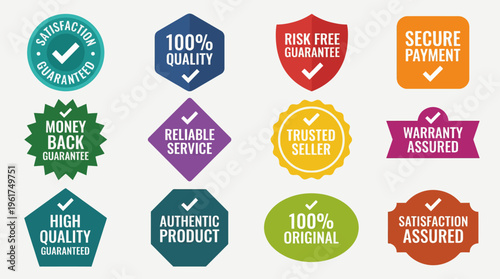 Collection of colorful guarantee and quality assurance badges with checkmarks, representing trust, reliability, and secure transactions for business and e-commerce.