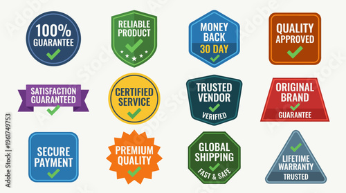 Collection of twelve colorful quality assurance and guarantee badges, labels, and stickers for product and service trust.