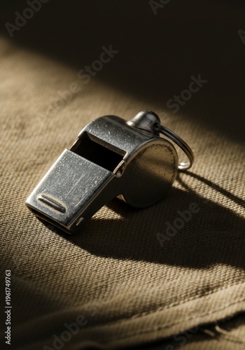 Professional metal referee whistle on fabric with dramatic shadows and highlights