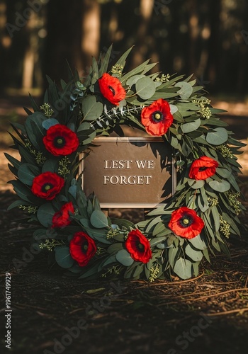 Commemorative Remembrance Wreath with Red Poppies and Lest We Forget Plaque