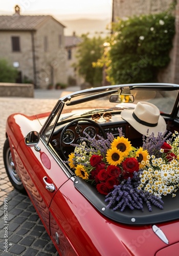 Red Vintage Convertible Car Filled with Summer Flowers in Old Italian Village Street