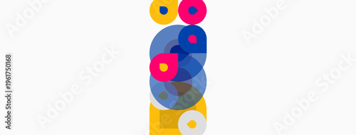 Abstract composition. Overlapping circles create owl shape. Yellow background, blue, pink hues dominate design. Minimalist style.