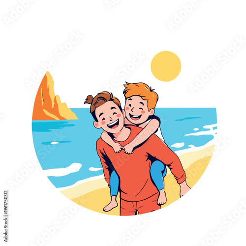 Vsai fatherpiggybacking son on beach during happy family vacation