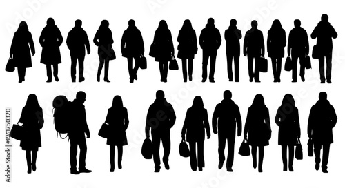 Silhouettes of people related to the theme of shopping. Vector illustration. Transparent background SVG version.