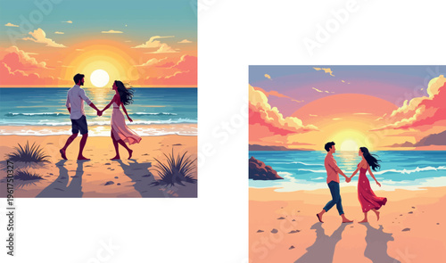 Vsai couple holding hands walking along beach at sunset