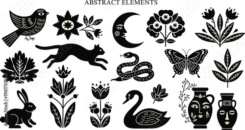 Abstract folk art elements vector set, Scandinavian style animals plants symbols illustration collection, bird snake moon cat rabbit butterfly swan, decorative boho nordic design icons bundle