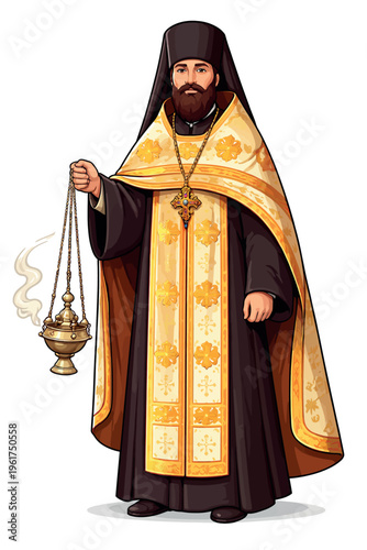 Vsai orthodox priest holding thurible with steaming incense