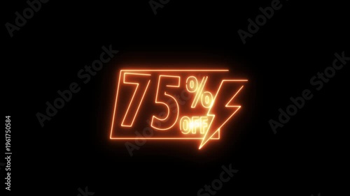 Blue neon 75 percent sale sign with percentage symbol and lightning bolt glowing in dark background for retail discount promotion advertising.