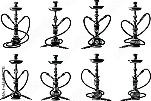 Elegant hookah and shisha silhouette collection with detailed hoses and ornate bases for lounge bar design, Middle Eastern smoking illustration artwork