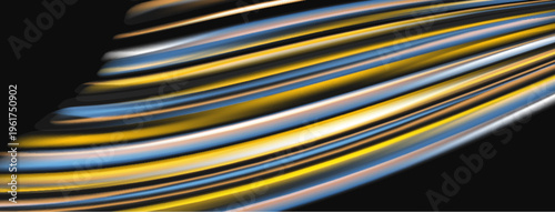 Abstract flowing lines, vibrant colors, dynamic composition. Yellows, blues, whites blend against dark background. Modern design element.