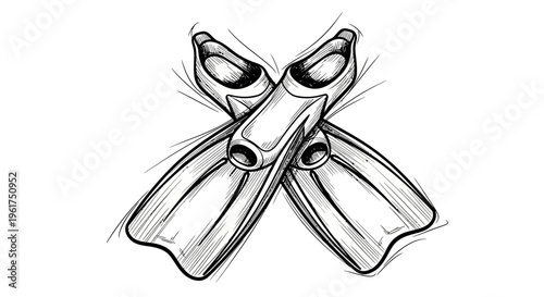 Hand-drawn sketch of crossed swim fins for water sports.