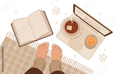 A warm overhead view showing a person relaxing with bare feet and knitted cuffs