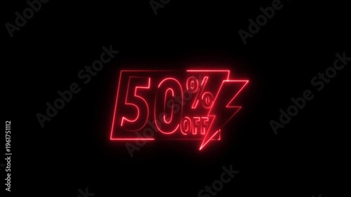 Neon sale sign with percentage discount 50% glowing in dark background for retail marketing advertising promotion.