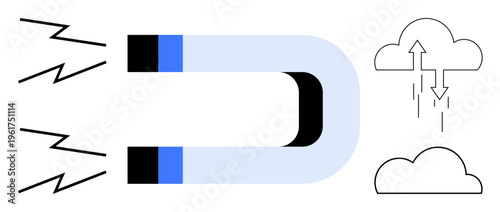 Magnet concept. Magnet attracting energy with clouds and data arrows. Magnet conveying attraction and data flow connectivity. Perfect for technology, data flow, energy, communication, and innovation