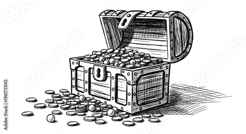 Hand-drawn sketch of an open treasure chest overflowing with gold coins, with more coins scattered around it.