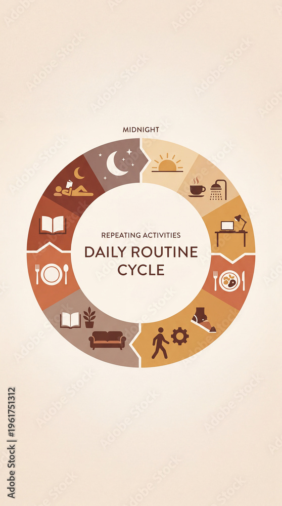 Naklejka premium Unfolding a typical day's sequence a vibrant visual guide to repeating activities from slumber to engagement and rest