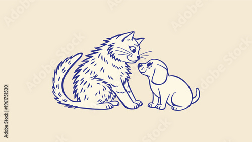 Minimalist Blue Line Art Cat and Dog Illustration - Whimsical Hand Drawn Puppy and Kitten Vector Set