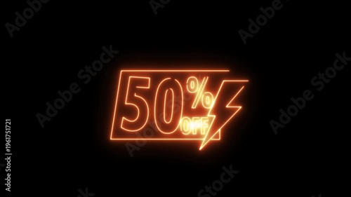Neon sale sign with percentage discount 50% glowing in dark background for retail marketing advertising promotion.