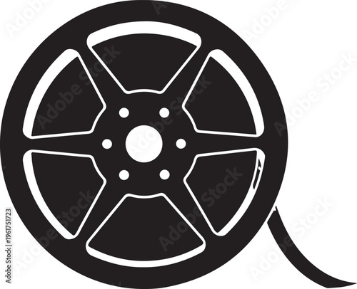 Film reel icon, movie camera tape, black and white vector graphic