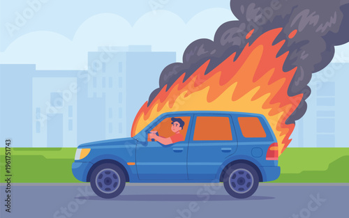 Blue car engulfed in large flames and smoke with a driver inside on a city street