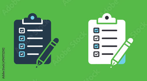Checklist clipboard icons, flat vector illustration, blue icon set, modern glyph, solid and line styles, task management, planning, productivity and workflow concept.