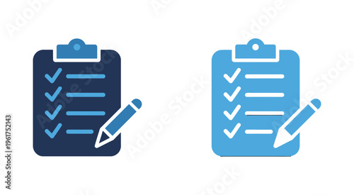 Checklist clipboard icons, flat vector illustration, blue icon set, modern glyph, solid and line styles, task management, planning, productivity and workflow concept.