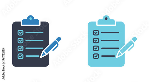Checklist clipboard icons, flat vector illustration, blue icon set, modern glyph, solid and line styles, task management, planning, productivity and workflow concept.