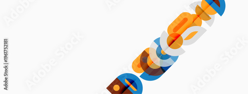 Abstract colorful design features overlapping geometric shapes. Bright hues create dynamic visual impact against white background.