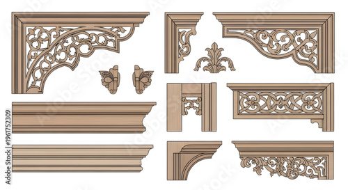 Ornate Wood Frame Vector Set – Decorative Fretwork Carving, Architectural Elements, Multiview Ash Outline
