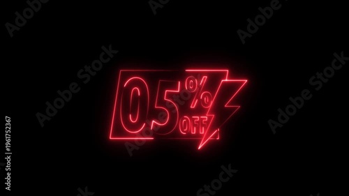 Neon sale sign with percentage discount 05% glowing in dark background for retail marketing advertising promotion.