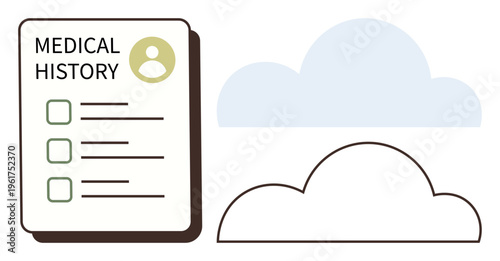 Digital health records, online storage, telemedicine, data management, healthcare access, patient privacy. Medical history file icon next to cloud graphics. Digital health and telemedicine idea