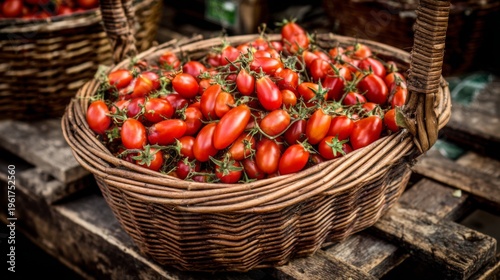 Freshly harvested red cherry tomatoes in a woven basket placed on a rustic wooden table in a market setting, showcasing vibrant colors and fresh produce