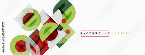 Abstract geometric shapes overlap, creating vibrant visual composition. Red, green, brown hues dominate design. Minimalist style.