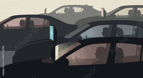 Cars stuck in traffic congestion with people inside during rush hour