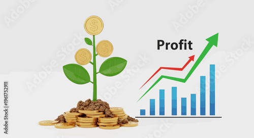 Plant growing from coin pile profit.